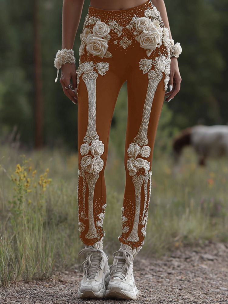 Vintage Halloween Skeleton Bones With Rose Art Cozy Knit Leggings artswardrobe