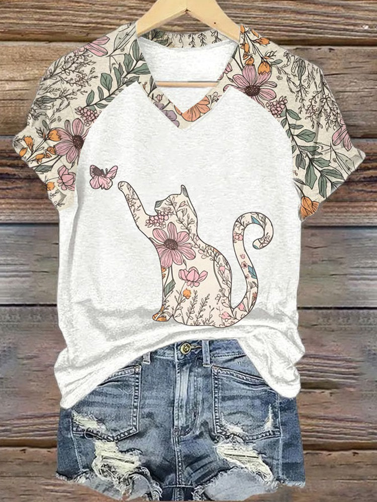 Comstylish Women's Wildflower Kitten Print V-neck T-shirt