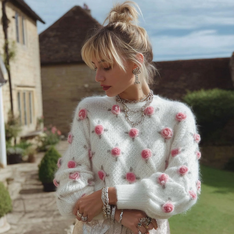 Women's Pink Rose Embroidery Cozy Knitted Pullover Sweater elevenforest