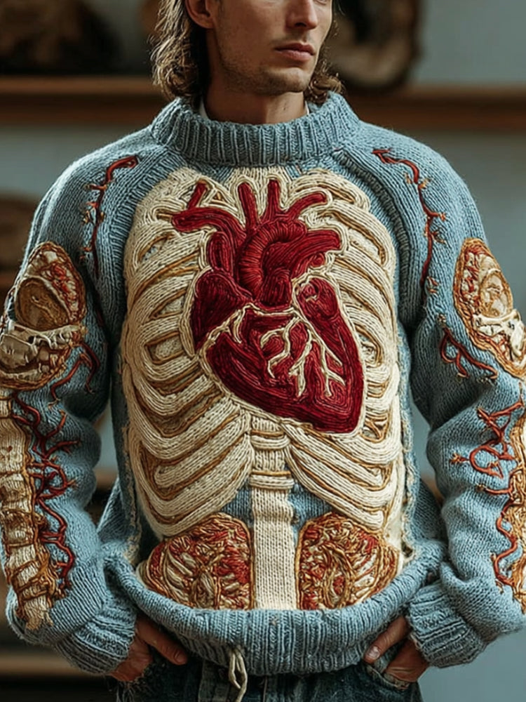 Vintage Halloween Human Anatomy Art Sense Thick Needle Blue Round Neck Sweater artswardrobe