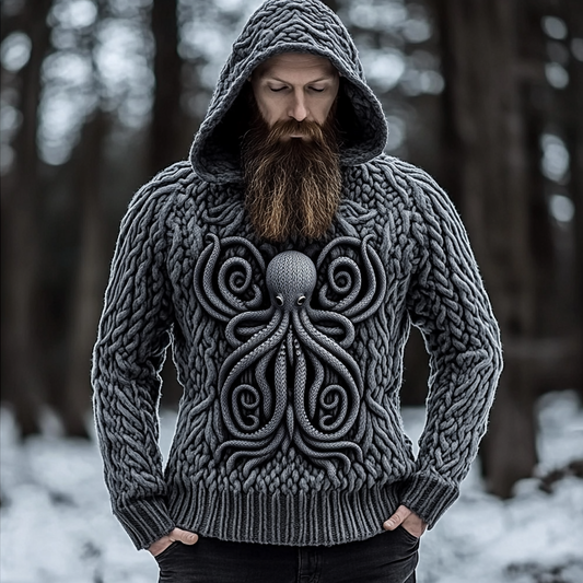 Men's Viking Tribal Cthulu Jacquard Celtic Inspired Chunky Knit Hooded Sweater elevenforest