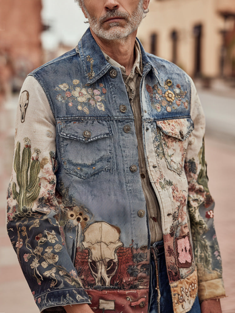 Men's Vintage Faded Denim Western-style Embroidered Printed Shirt artswardrobe