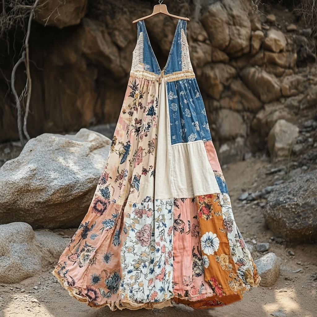 Women's Vintage Bohemian Denim Patch Sleeveless Dress artswardrobe