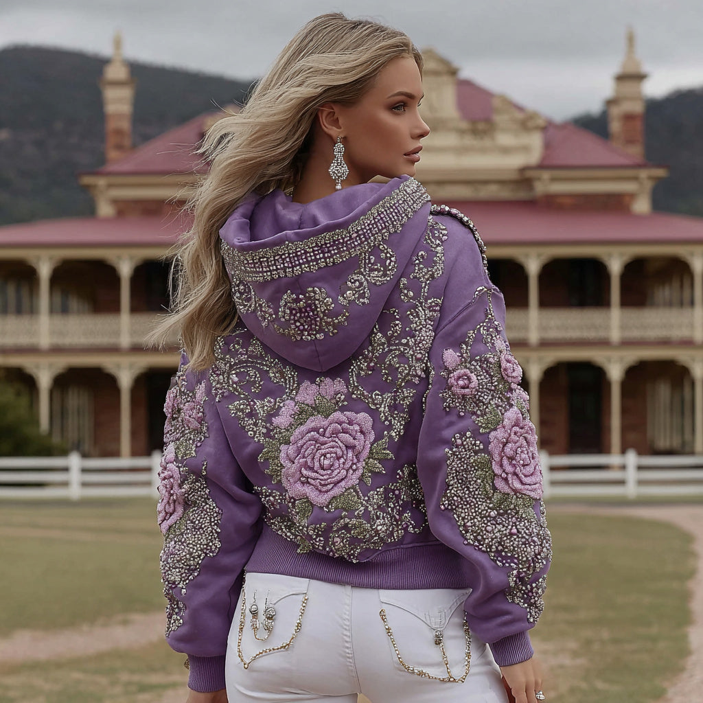 Comstylish Women's Retro Purple Rose Art Pattern Casual Hoodie