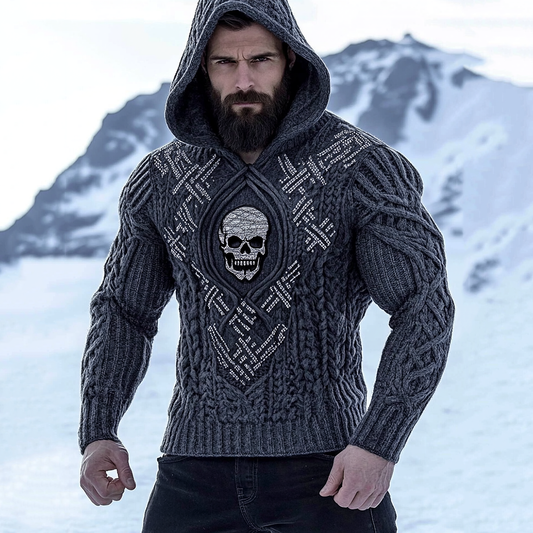 Men's Viking Tribal Celtic Skull Knit Cozy Hooded Sweater elevenforest