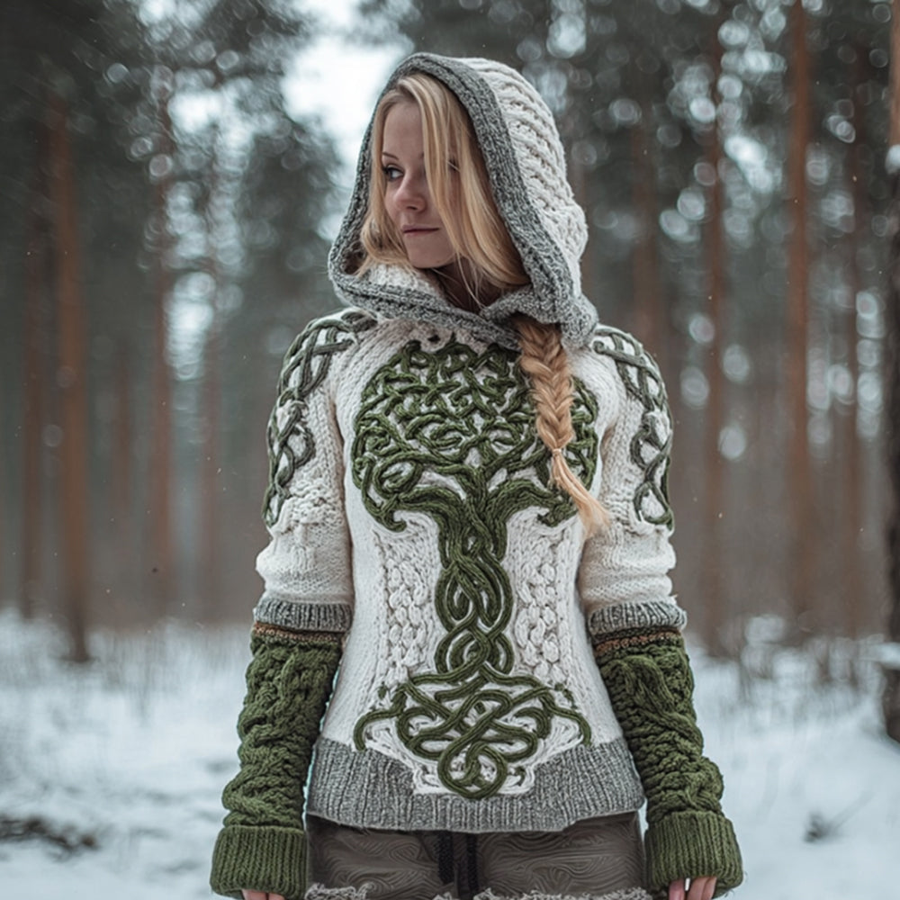 Women's Viking Style Tree Of Life Knot Contrasting Hooded Sweater artswardrobe