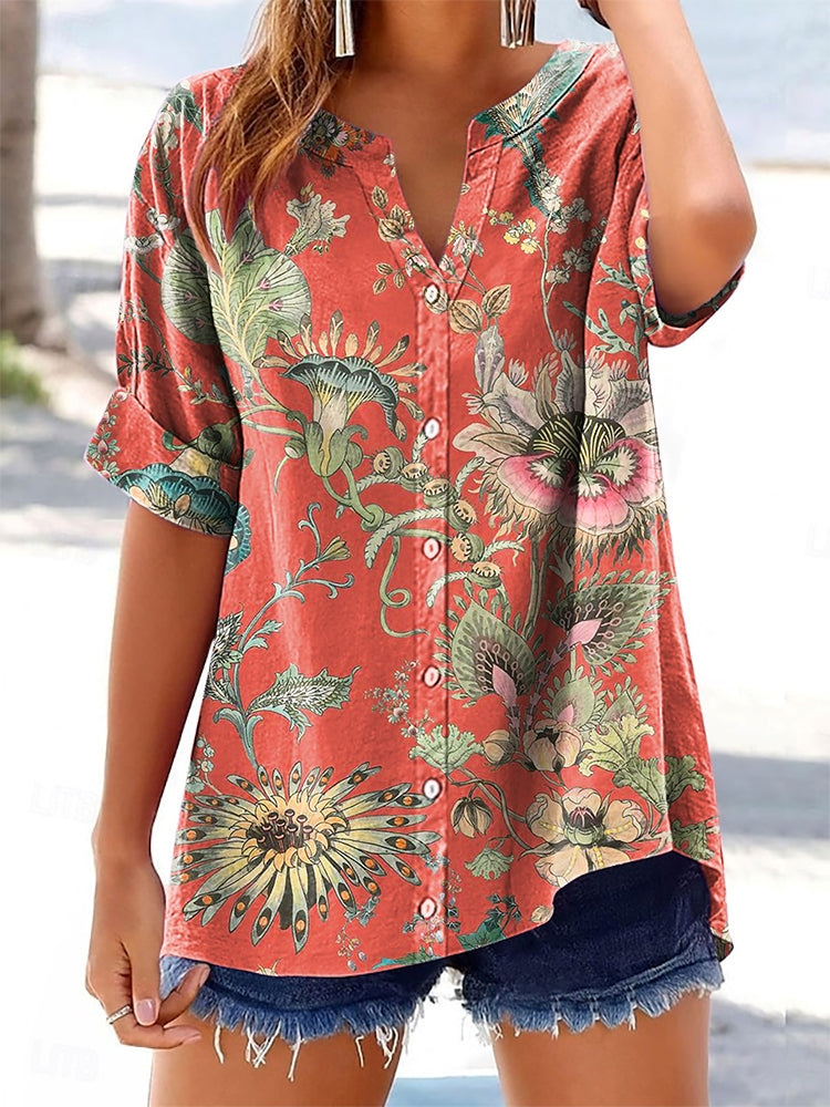 Women's Folk Art Floral Print Short-sleeved Cotton and Linen Shirt