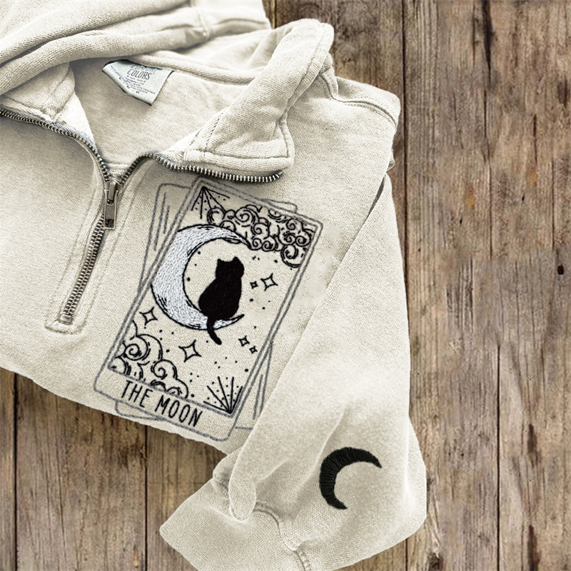 The Moon Tarot Cat Embroidered Zip Up Sweatshirt elevenforest