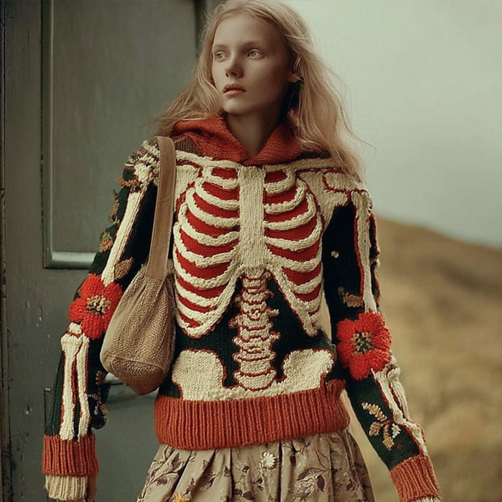 Women's Halloween Human Anatomy Art And Flower Vintage Hooded Sweater artswardrobe