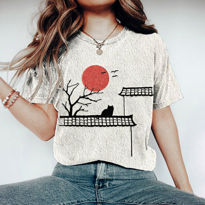 Comstylish Vintage Japanese Cat & Sunset Print Women's T-shirt