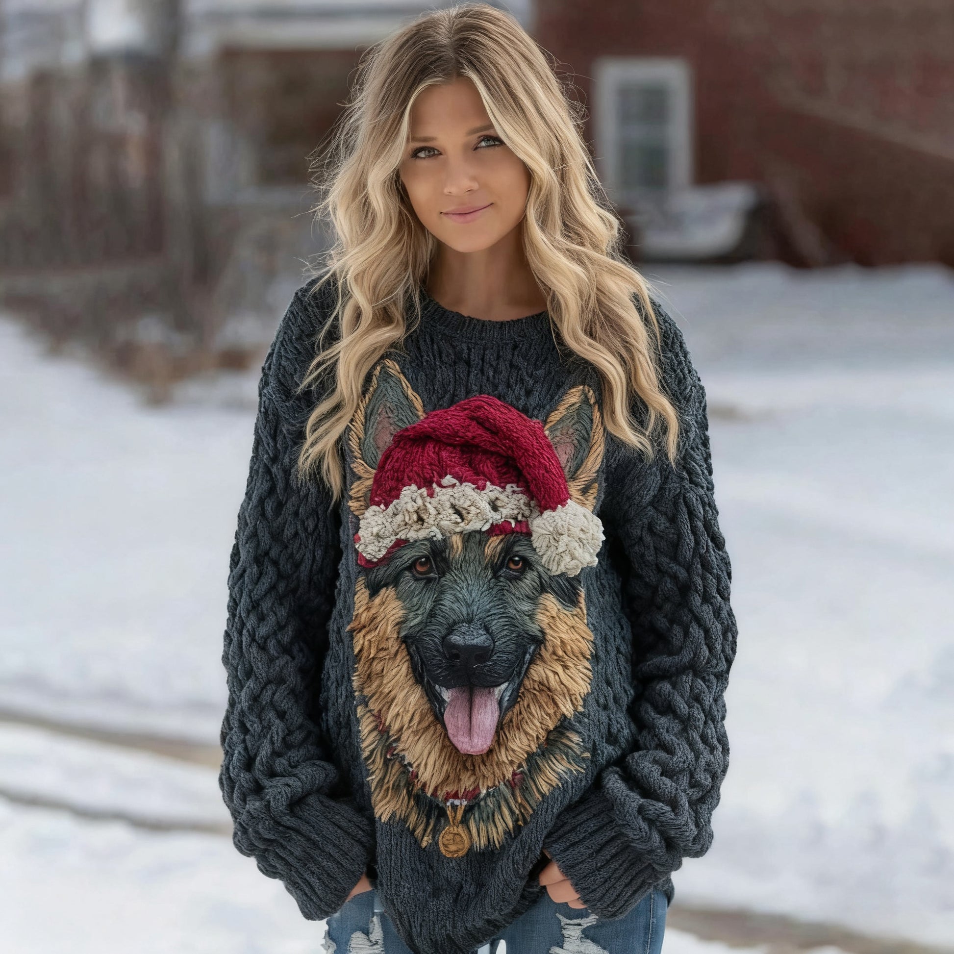 Comstylish Vintage Cozy Cute German Shepherd Puppy Christmas Chunky Knit Sweater