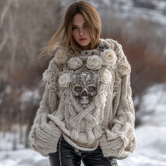 Vintage Viking Celtic White Rose Skull Cozy Knit Turtleneck Sweater artswardrobe