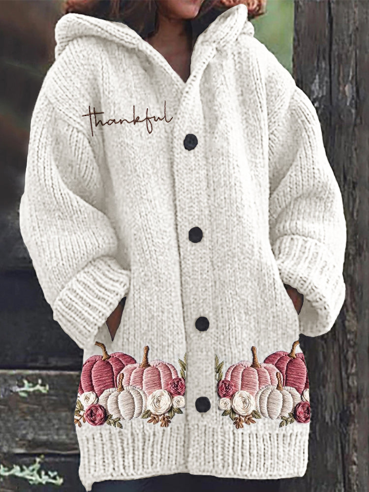 Thanksgiving Thankful Pink Pumpkins Floral Embroidered Cozy Hooded Cardigan artswardrobe