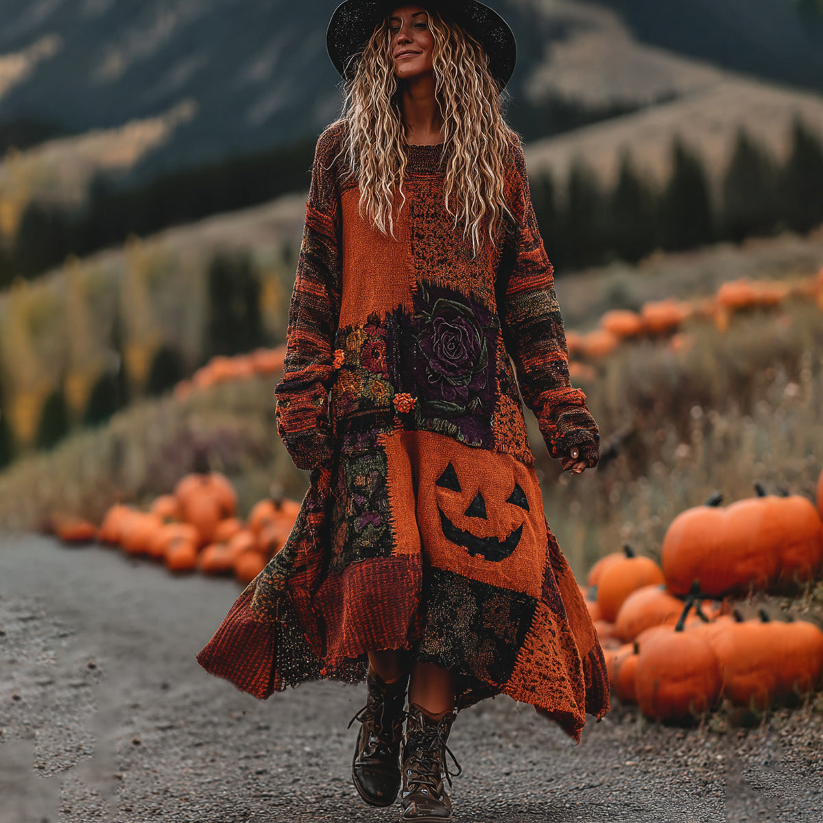 Vintage Halloween Pumpkin Face With Floral Patchwork Art Linen Cozy Knit Sweater Maxi Dress artswardrobe