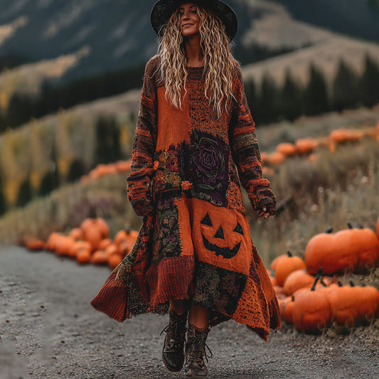 Vintage Halloween Pumpkin Face With Floral Patchwork Art Linen Cozy Knit Sweater Maxi Dress artswardrobe