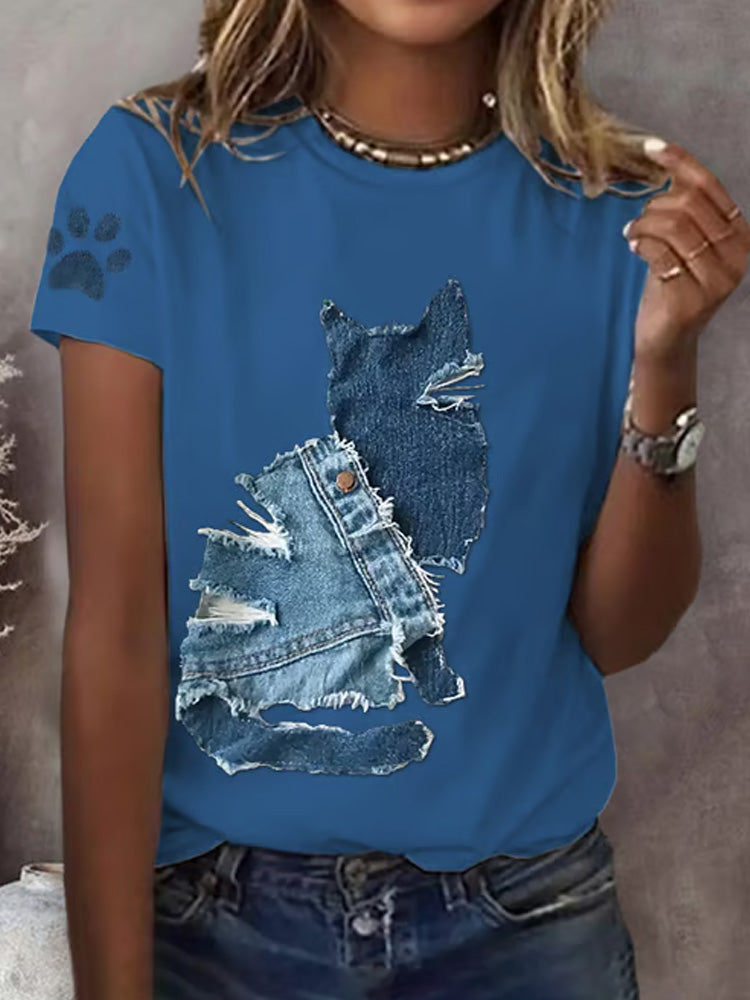 Women's Retro Funny Denim Patch Animal Cat Print T-shirt artswardrobe