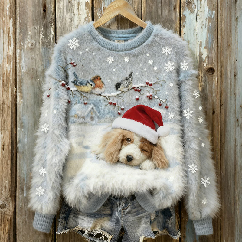 Comstylish Vintage Christmas Two Robins And Lazy Puppy Art Women's Cozy Plush Sweater
