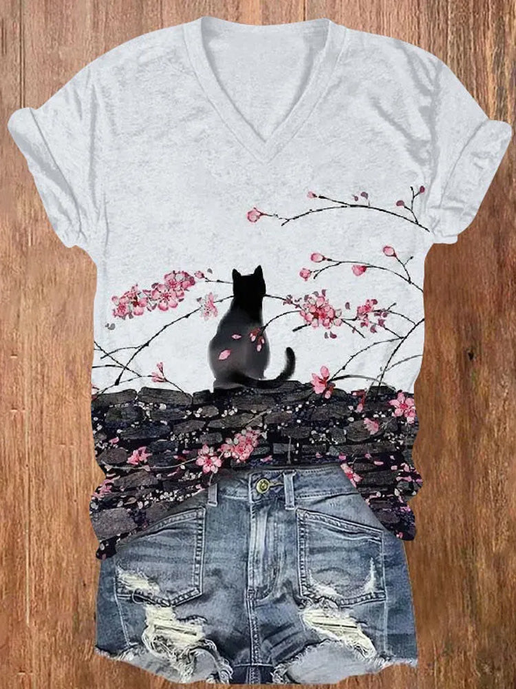 Japanese Style Plum Cat Ink Painting Art Print Short Sleeve V-neck T-shirt elevenforest