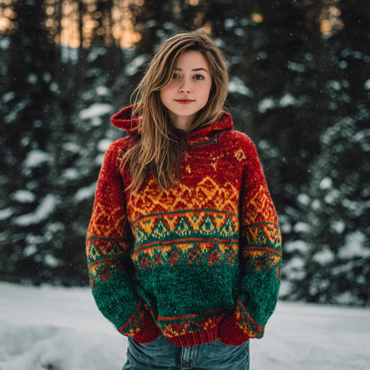 Women's Christmas Fair Isle Vintage Jacquard Knit Hooded Sweater artswardrobe