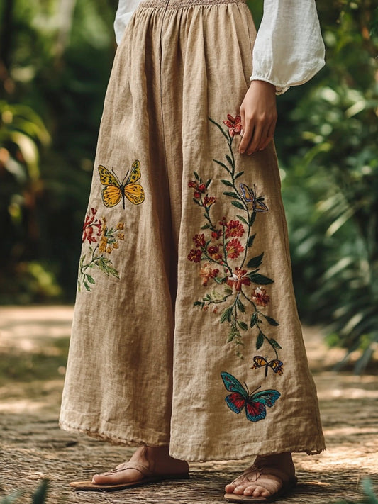 Forest Butterfly Floral Embroidery Vintage Women's Linen Loose Pants artswardrobe