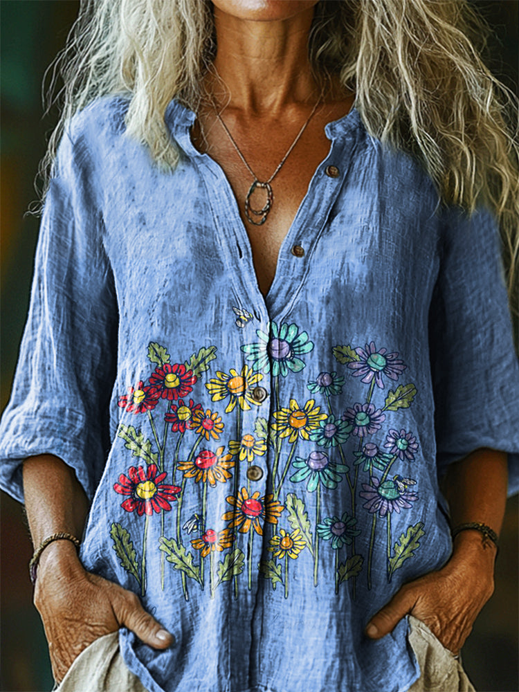Women's Vintage Floral Art Print Casual Cotton Linen Shirt