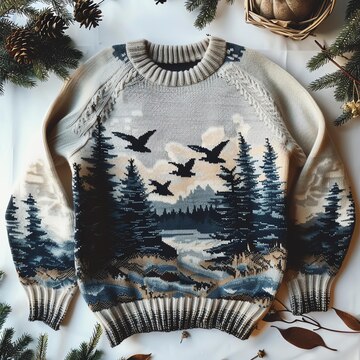 Vintage Forest And Birds Pattern Warmth Knitted Jacquard Unisex Sweater elevenforest