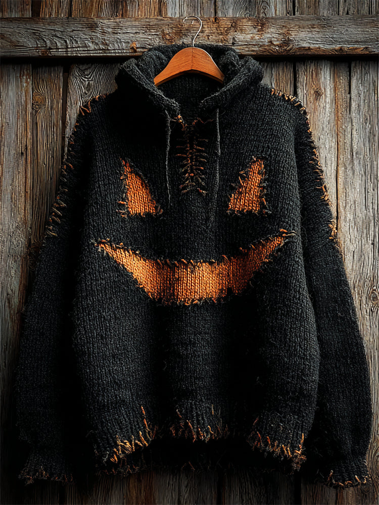 Halloween Pumpkin Face Stitched Cozy Knit Hooded Sweater artswardrobe