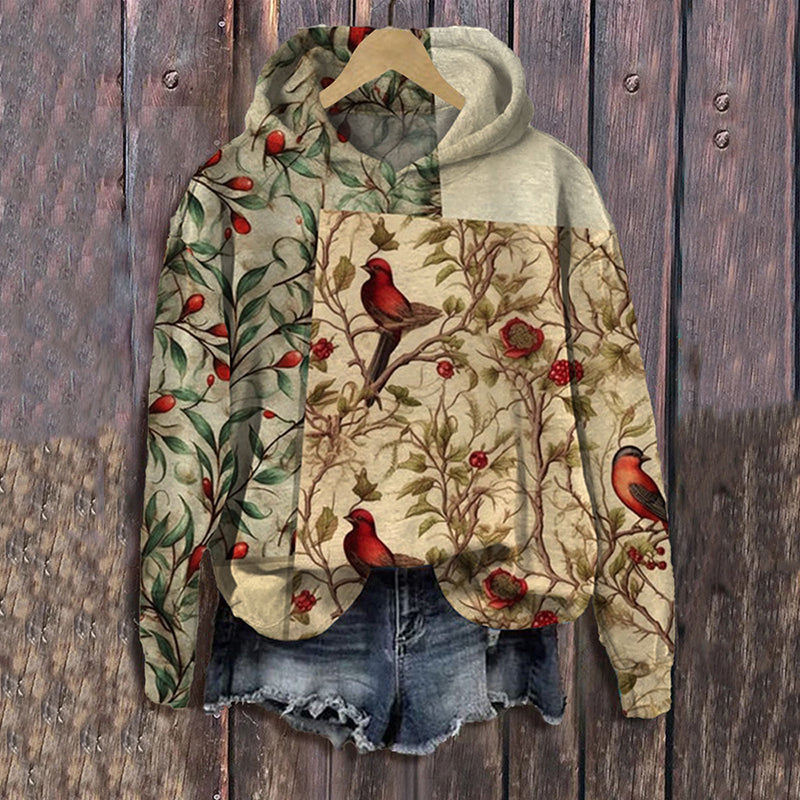 Comstylish Vintage Christmas Flower And Bird Print Casual Hoodie