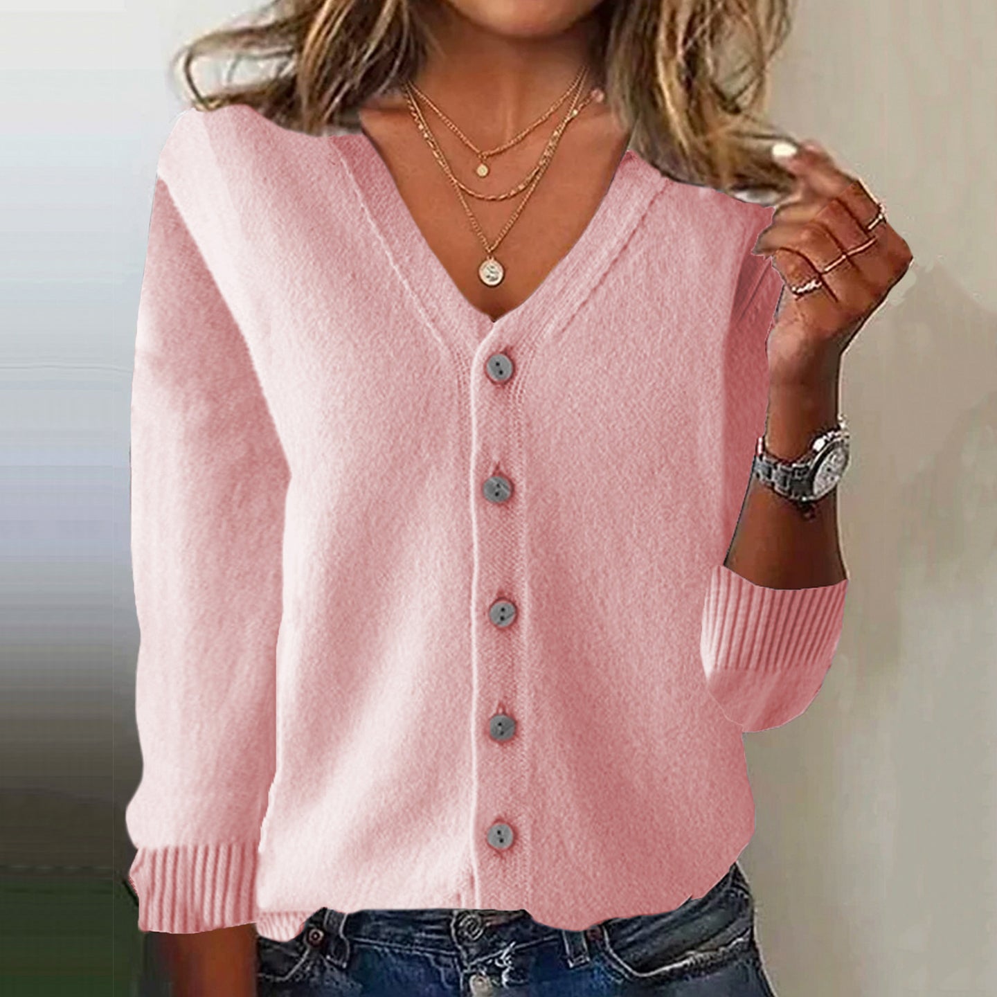 Women's Pink V Neck Button Down Cozy Sweater artswardrobe