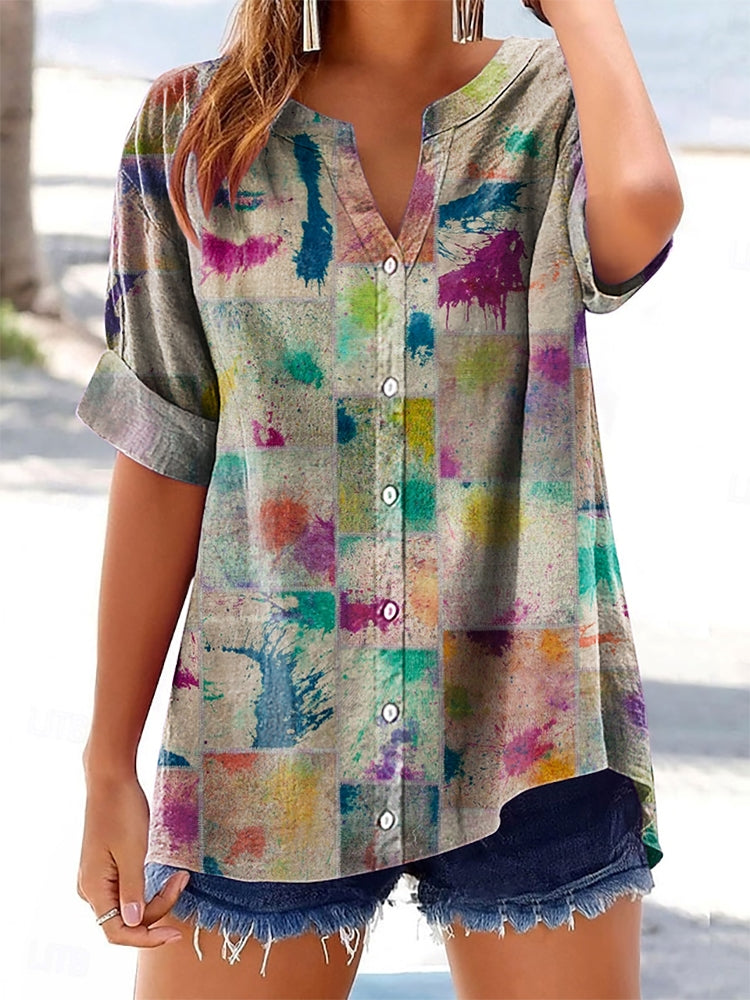 Women's Colorful Pattern Art Print Cotton Linen Casual Shirt