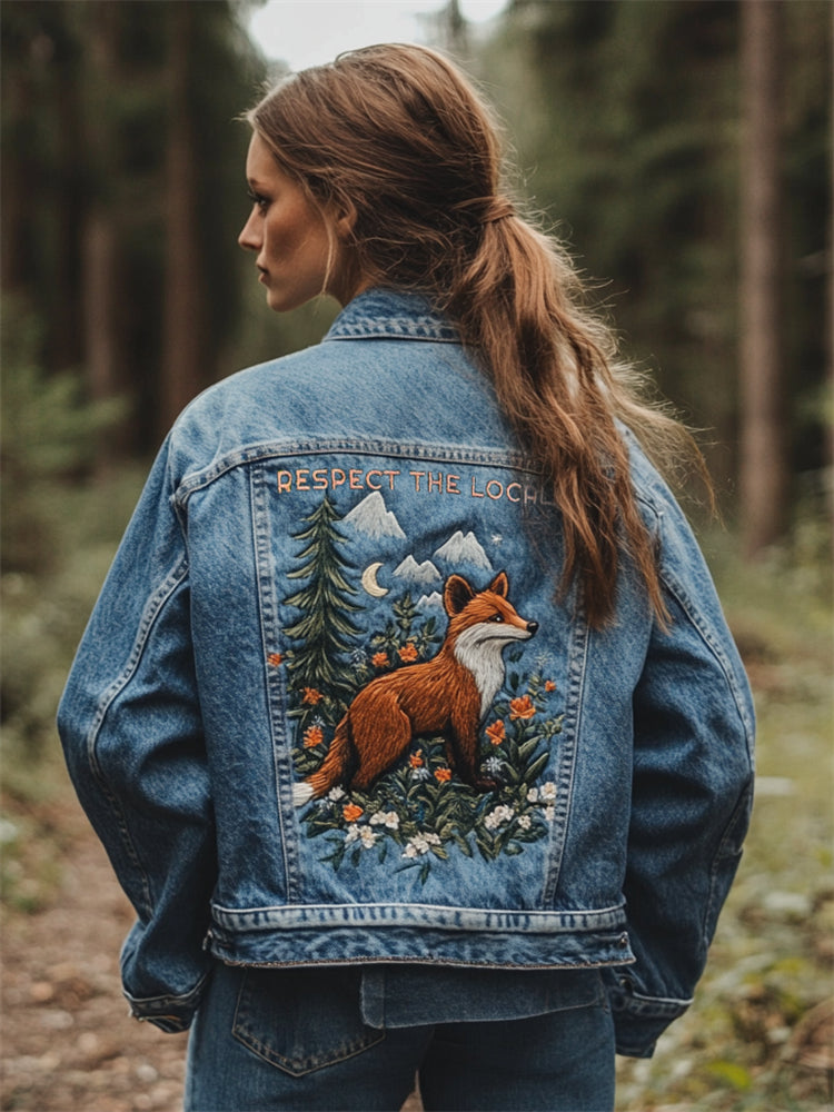Respect The Locals Fox Landscape Embroidered Denim Jacket artswardrobe