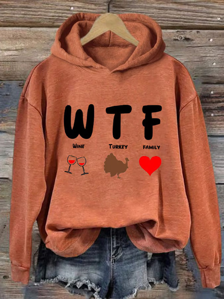 Women's Wtf Wine Turkey Family Print Casual Hoodie artswardrobe
