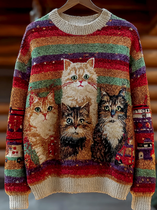 Comstylish Retro Rainbow Cat Lady Round Neck Knitted Sweater