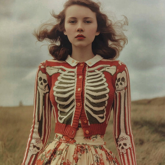 Women's Vintage Skull Ribs Pattern Knit Sweater Cardigan artswardrobe