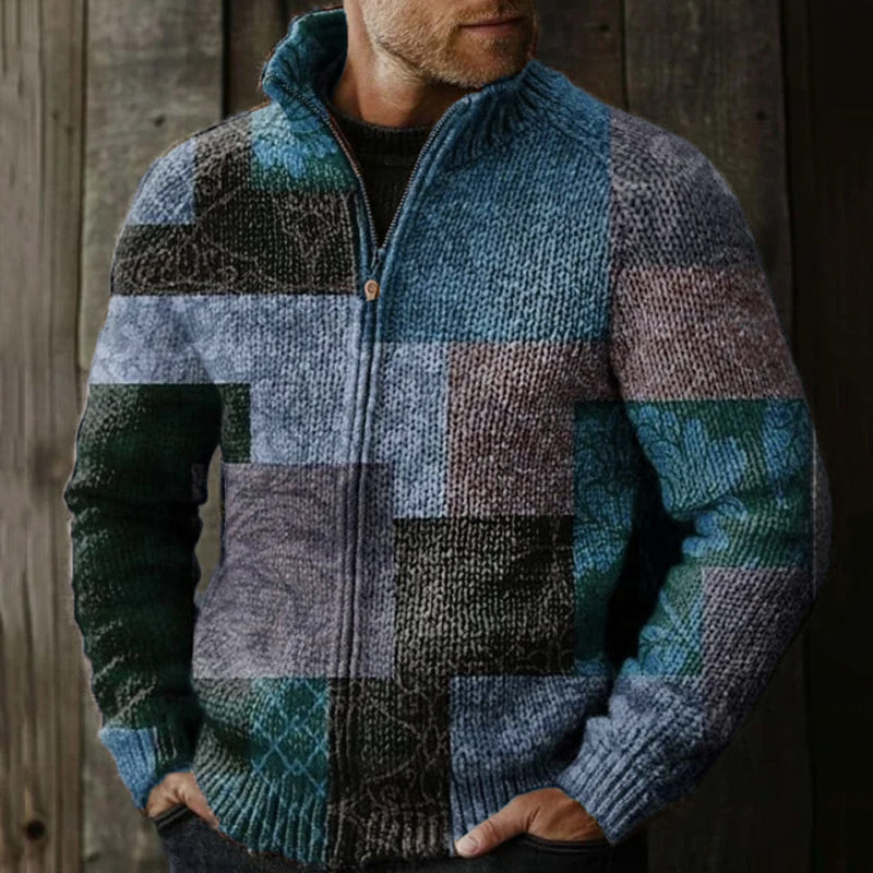 Men's Vintage Western Patchwork Design Graphic Zip Sweater artswardrobe