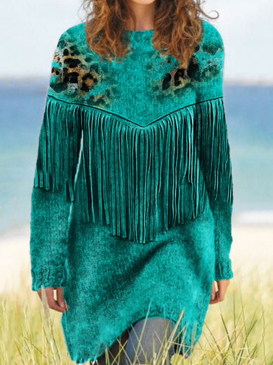 Turquoise Leopard Cowhide Tassels Cozy Sweater Dress elevenforest