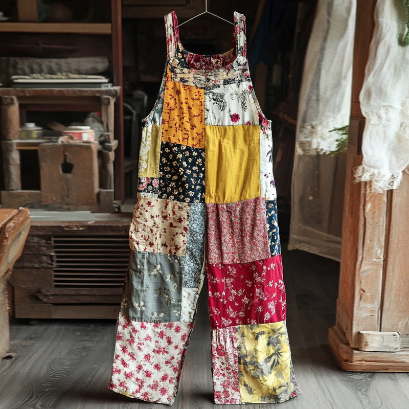 Farmland Wildflower Floral Patchwork Print Linen Jumpsuit artswardrobe
