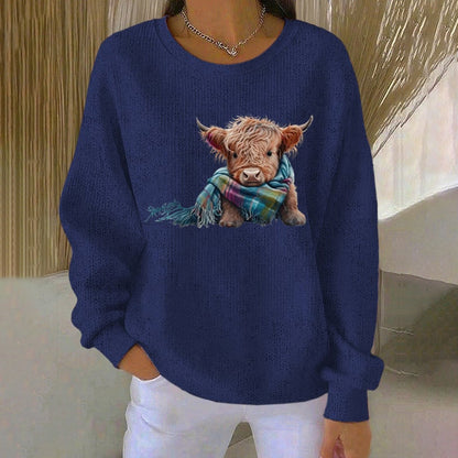 Women's Highland Cow Print Crew Neck Long Sleeve Casual Sweatshirt artswardrobe
