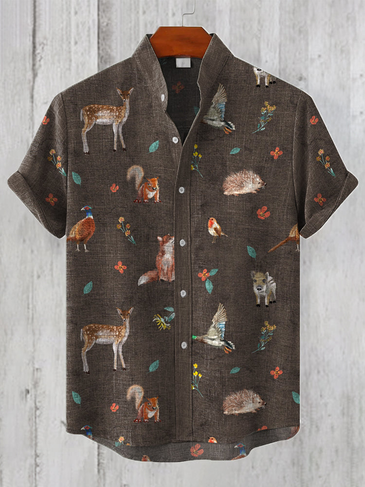 Men's Forest Animals Print Linen Blend Vintage Shirt artswardrobe