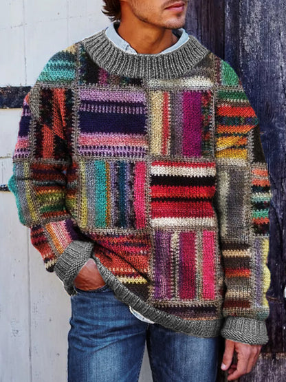 Men's Retro Colorblock Patchwork Cozy Knit Sweater elevenforest
