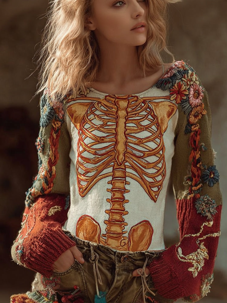 Halloween Anatomy Art And Flower Colored Round Neck Sweater artswardrobe