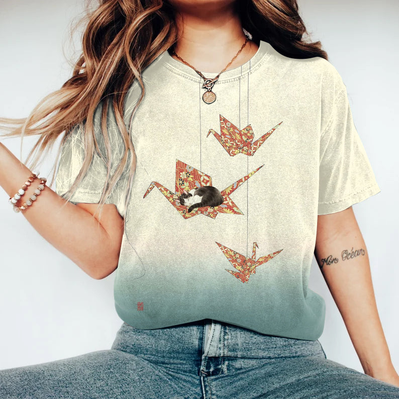 Comstylish Women's Vintage Japanese Chizuru Cat Art T-shirt