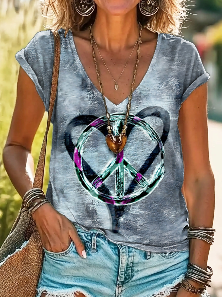 Women's Heart Hippie Peace Art Print 100% Cotton V-neck T-Shirt
