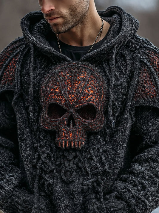 Men's Vintage Spooky Skull & Wings Chunky Hooded Sweater elevenforest