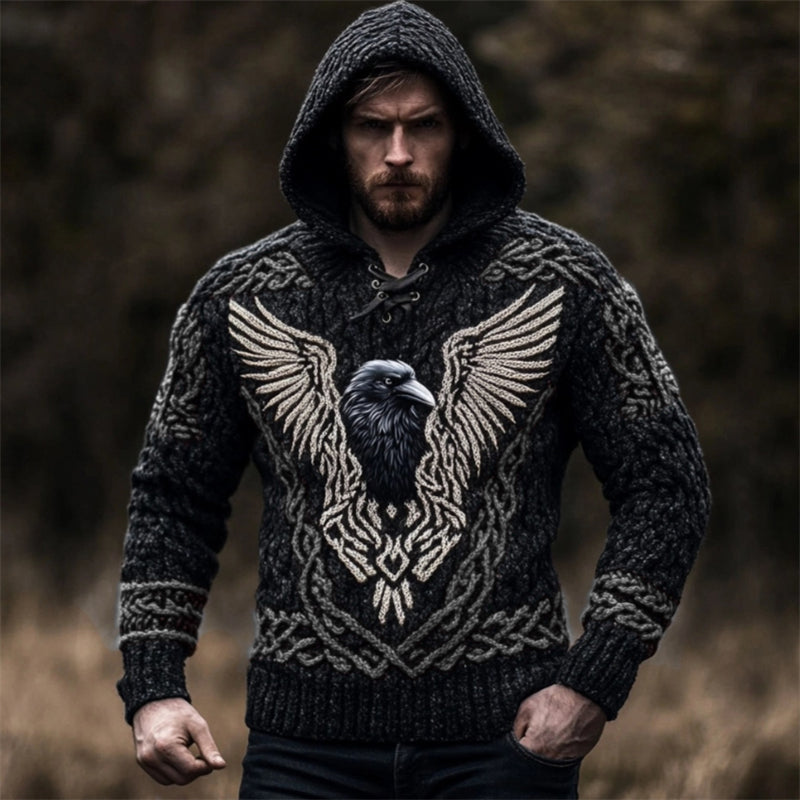 Men's Viking Raven Inspired Celtic Chunky Hooded Sweater artswardrobe