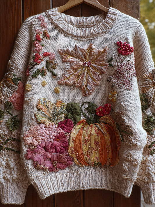Pumpkin And Flower Multi-color Plush Warm Round Neck Sweater artswardrobe