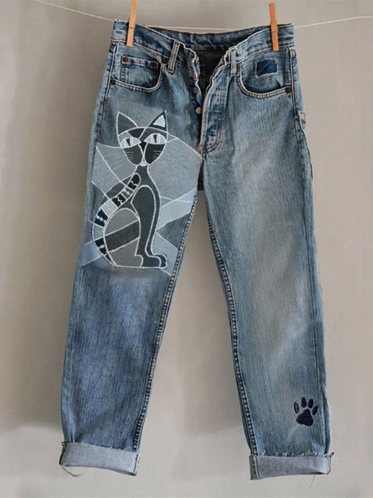 Comstylish Kitten Geometric Patchwork Washed Jeans