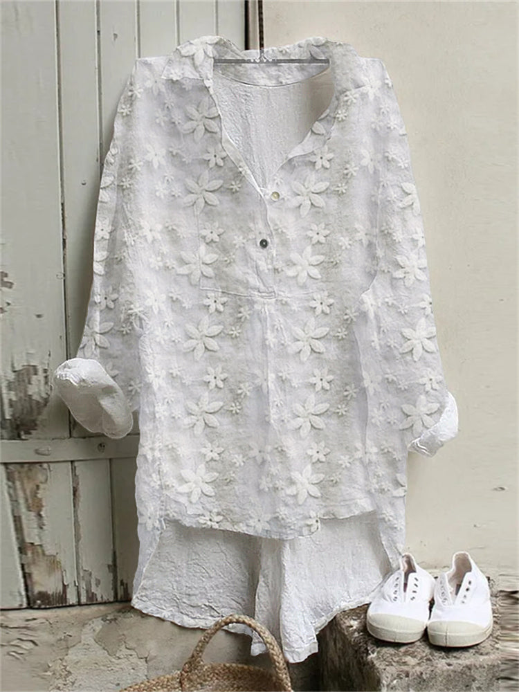 Comstylish Floral Lace Embroidered Linen Blend High Low Tunic