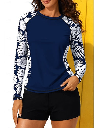Regular Rash Guard Swimsuit Rash Guard Print Swimsuit Tropical Color-blocking 2 Piece Removable Pad Boyleg Uv Sun Protection Upf50+ Elastic Long Sleeve Swimwear Sun Shirt