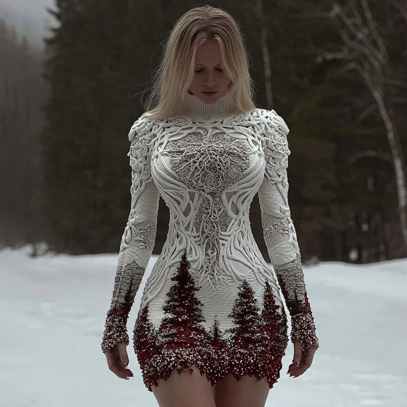 Women's Christmas Tree Forest Celtic Knot Jacquard Knit Turtleneck Mini Sweater Dress artswardrobe